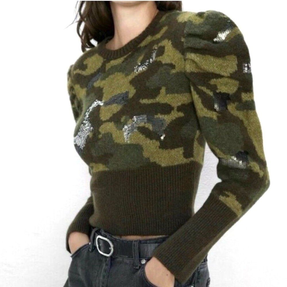 For the Republic camo sweater puff sleeves green shades sequin details medium - Picture 1 of 8